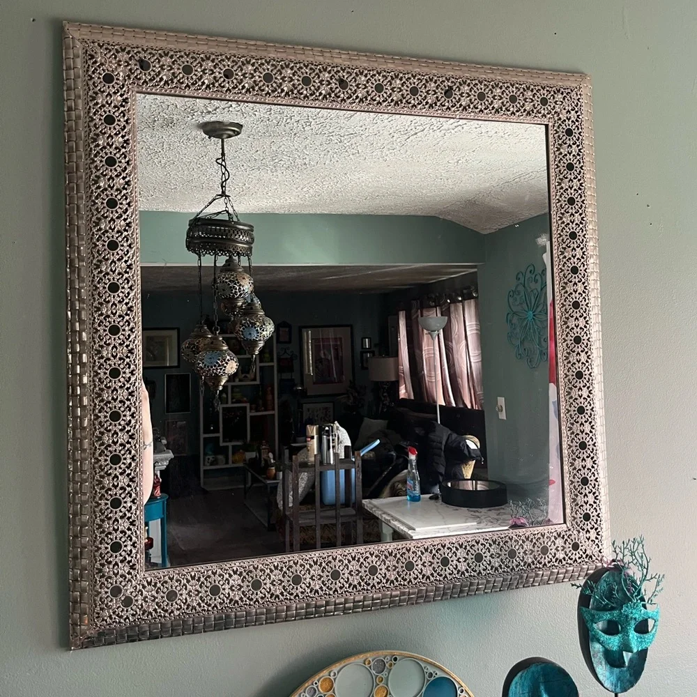 Large Moroccan Ornate Metal Wall Mirror Silver